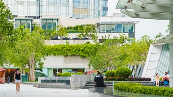 Green terraces and sky gardens are provided to maximise greening and to help visually soften the edges of the architecture.